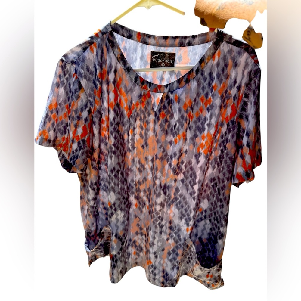 Butter Orange and Blue Graphic Short Sleeve Blouse/ scrub shirt